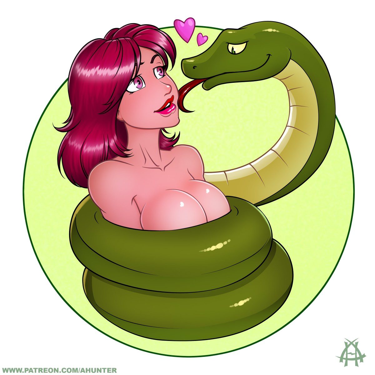 A buxom naked babe is coiled by a constrictor snake which looks likely to eat her -- much to her delight.  Illustration by Andrew Hunter.